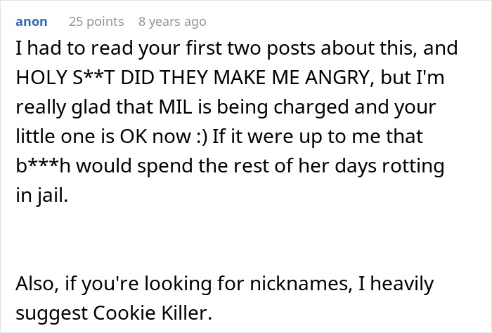 A Reddit comment, anon, 25 points, 8 years ago. Text shows strong anger about MIL, glad she's charged for grandkid's allergies.