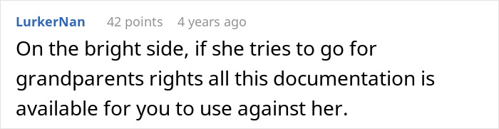 A Reddit comment by LurkerNan suggests using documentation against an unhinged MIL regarding grandchild circumcision.