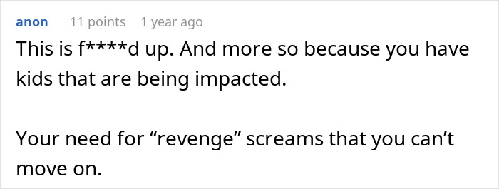 A comment thread displaying a user suggesting revenge after an affair will break her heart. A comment thread displaying a user suggesting revenge after an affair will break her heart.