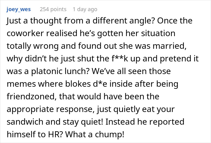 A Reddit comment from joey_wes, discussing a coworker's lunch invite confusion. He thought it was a date.