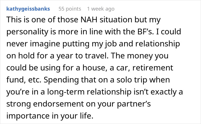 A comment discussing a woman's dream trip dilemma, highlighting the impossible choice between a solo trip and her long-term relationship.