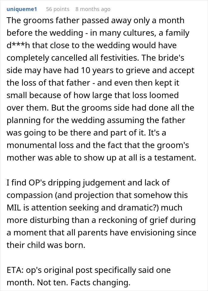 Comment on bride honoring late dad during wedding and groom's mother showing grief