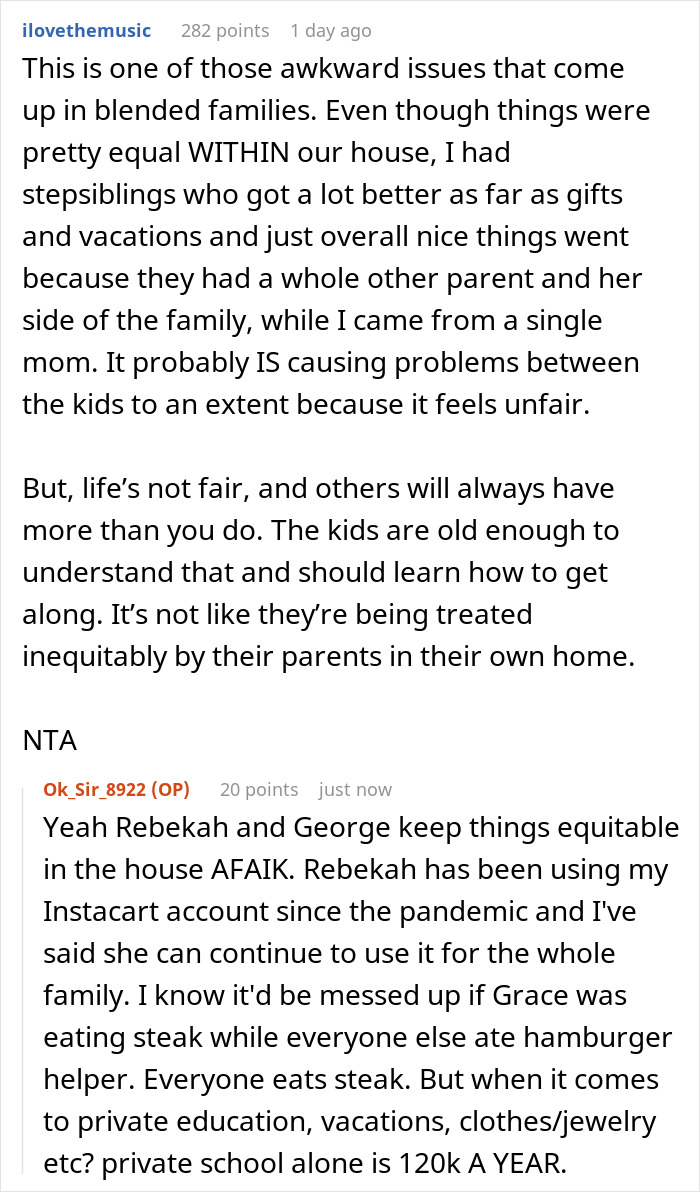 Reddit thread discussing family dynamics where a wealthy woman spoils her niece, causing jealousy among stepsiblings and parents.