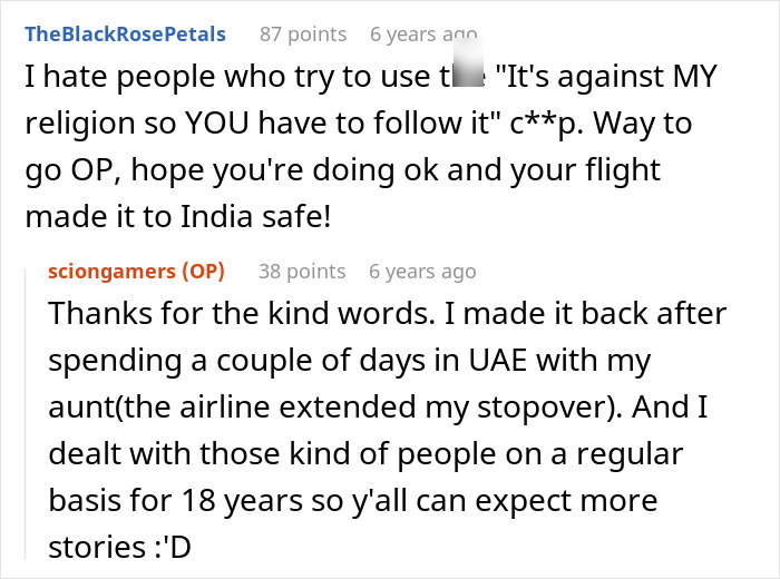 Reddit comments discussing a pilot's intervention in a situation where someone claimed eating meat ruined her religion.