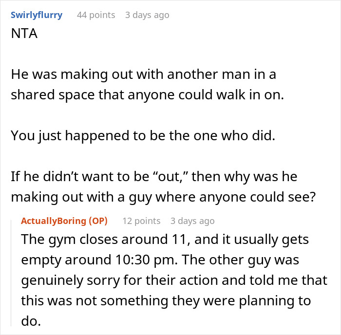 Comment about making out at gym and accidental outing at public shared space Comment about making out at gym and accidental outing at public shared space