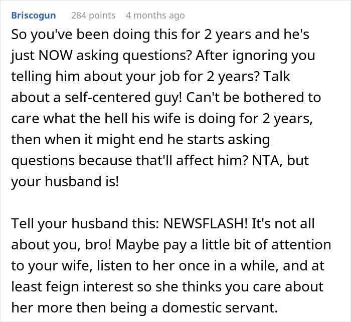 A Reddit comment on a post about a wife's job, criticizing a man for his sudden interest.