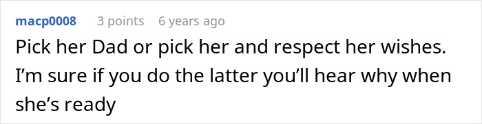 A Reddit comment about choosing between a girlfriend and her dad, touching on an ugly cover-up in a relationship.