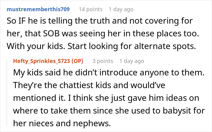 Discussion about mistress seeing kids and finding alternate spots for visits