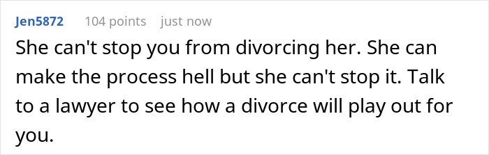 Advice that spouse cannot stop divorce, suggesting legal consultation