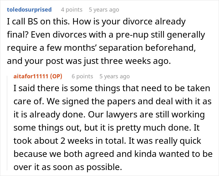 Reddit comments questioning quick divorce in expensive car legal dispute