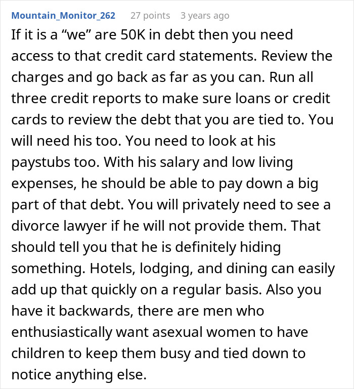 Text screenshot from an online forum post discussing financial nightmare and debt, possibly related to a second family.