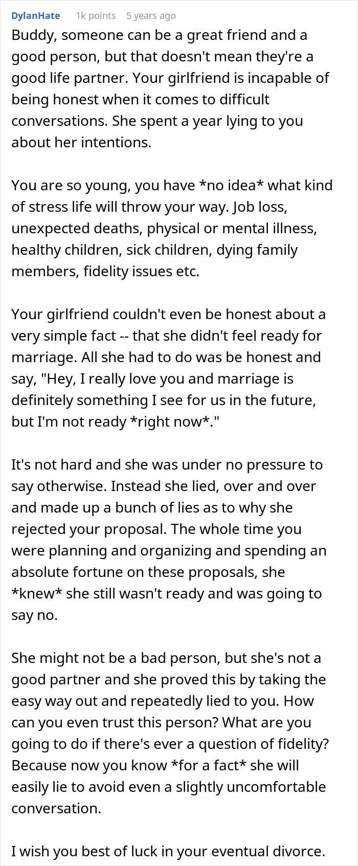 Comment on girlfriend lying about readiness for marriage despite multiple proposals