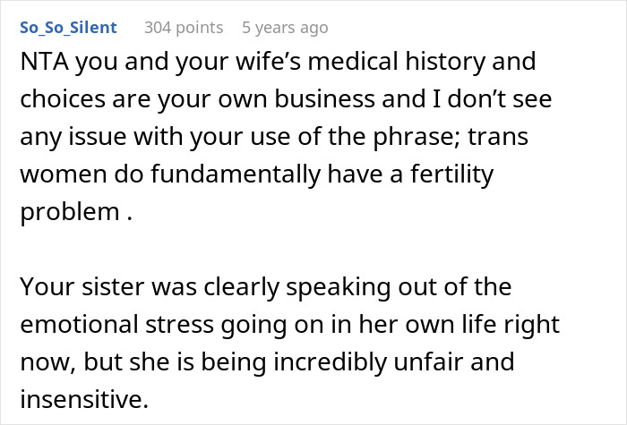 Comment defending privacy of wife's fertility issues and criticizing sister's insensitivity Comment defending privacy of wife's fertility issues and criticizing sister's insensitivity