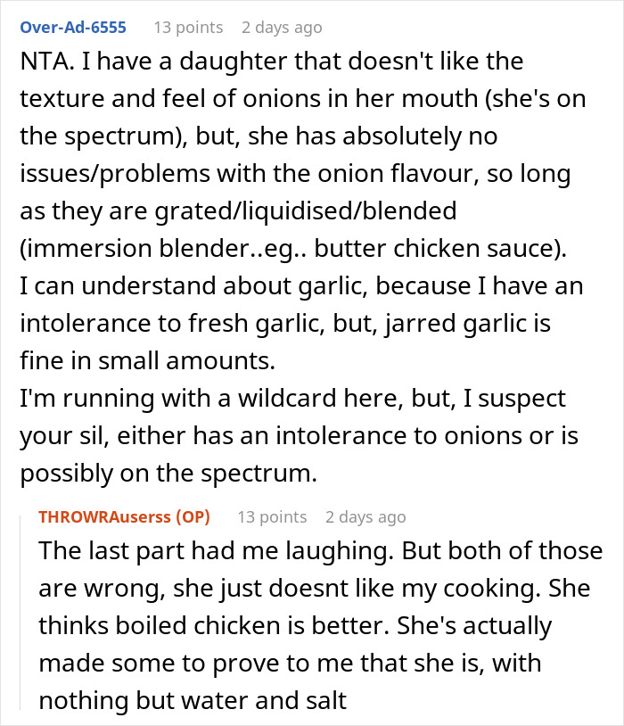 Discussion about onion intolerance and texture issues in food involving sister-in-law