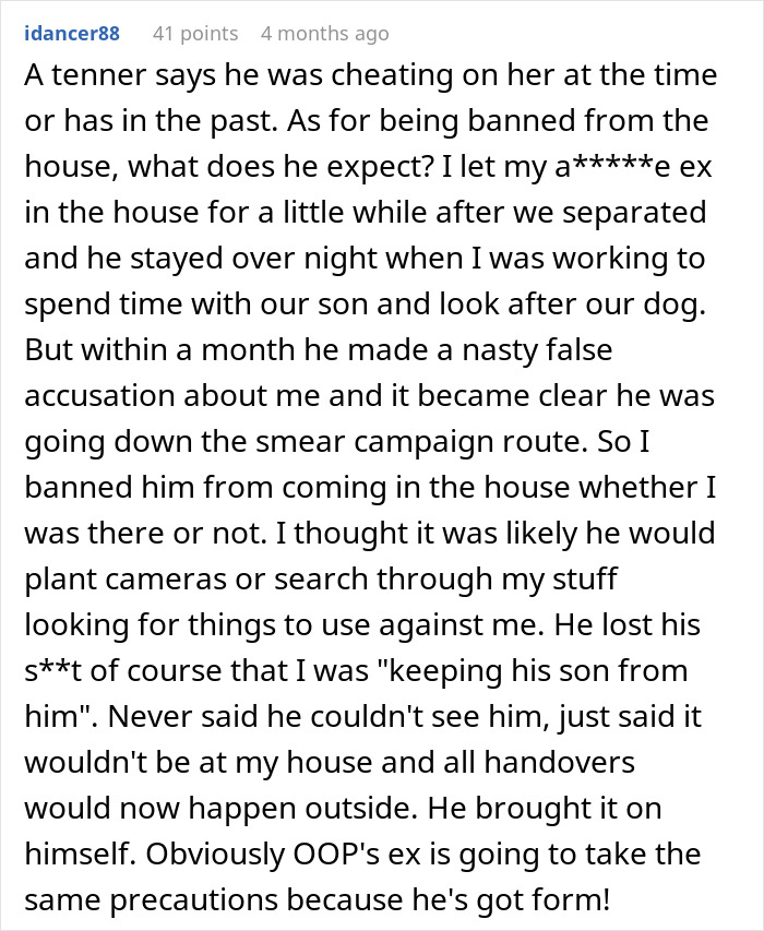 Detailed comment describing cheating accusations and house bans amid spying claims.