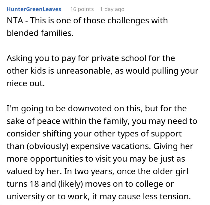Reddit comment discussing family dynamics when a wealthy woman spoils her niece, causing stepsiblings to get jealous.