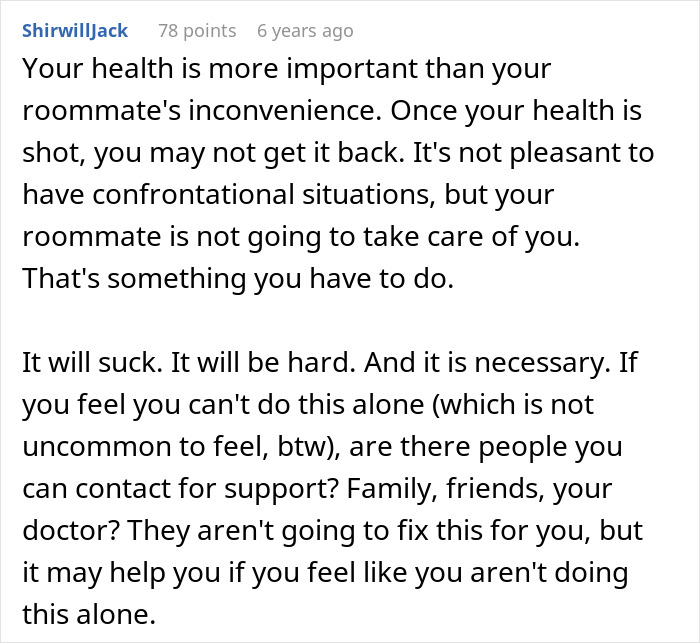 A screenshot of a Reddit comment advising a woman to defend herself from a roommate who put her life at risk.