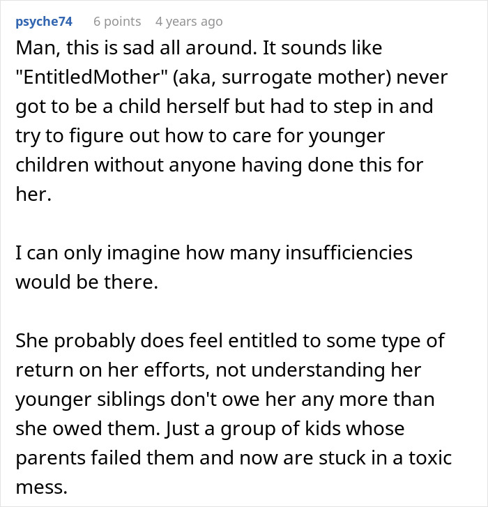 Comment discussing entitled mother and sibling revenge in family conflict scenario