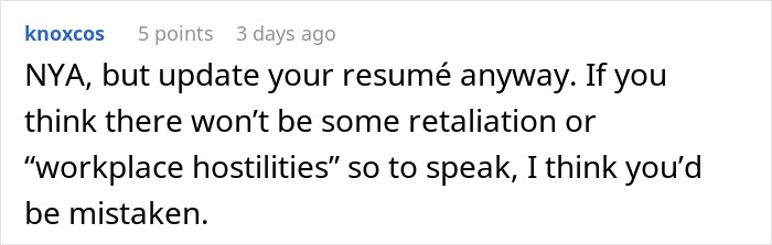 Comment advising to update resume due to workplace retaliation