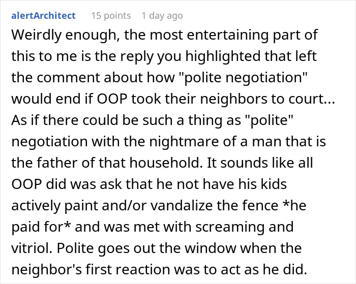 Comment discussing polite negotiation and neighbor conflict over vandalized fence
