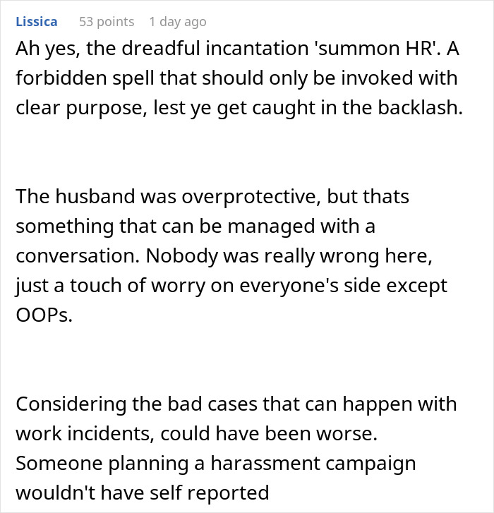 A screenshot of a Reddit comment discussing summoning HR, overprotective partners, and harassment, relating to a lunch invite and a date.