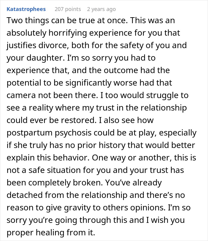 A Reddit comment about a postpartum wife's actions, advising divorce due to trust issues and safety concerns.