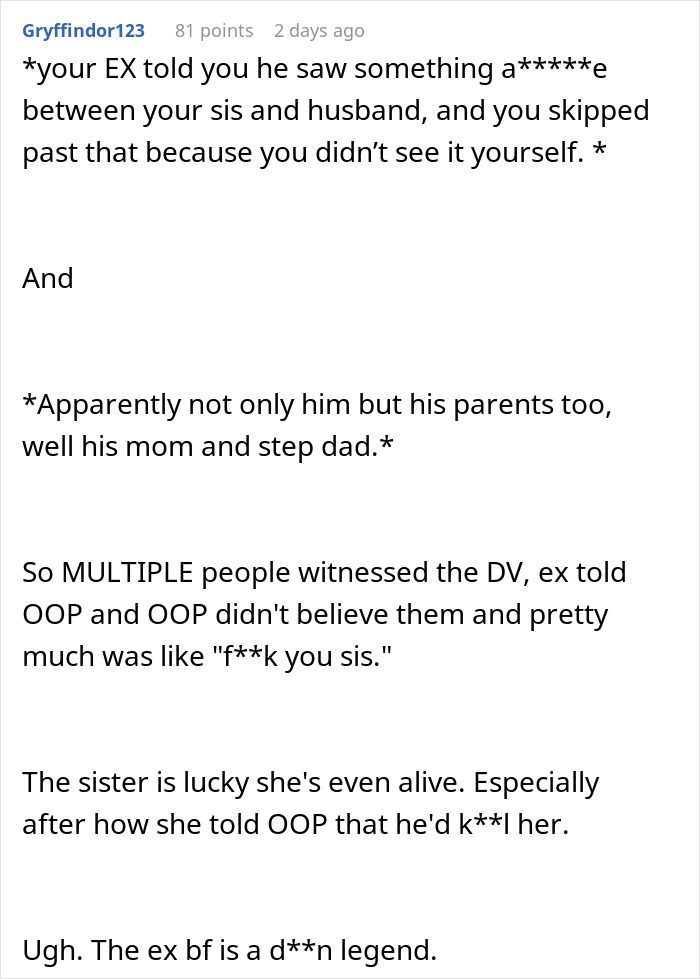 A Reddit post by Gryffindor123, revealing details of an affair, leading to family breakups and emotional pleas.