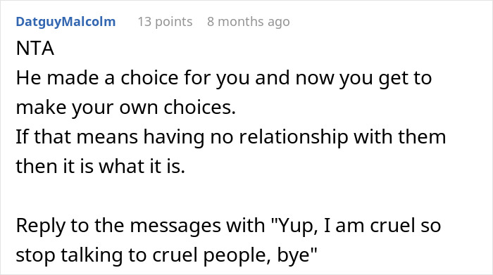 A Reddit comment from DatguyMalcolm advising on difficult family choices, relevant to blended family discussions.