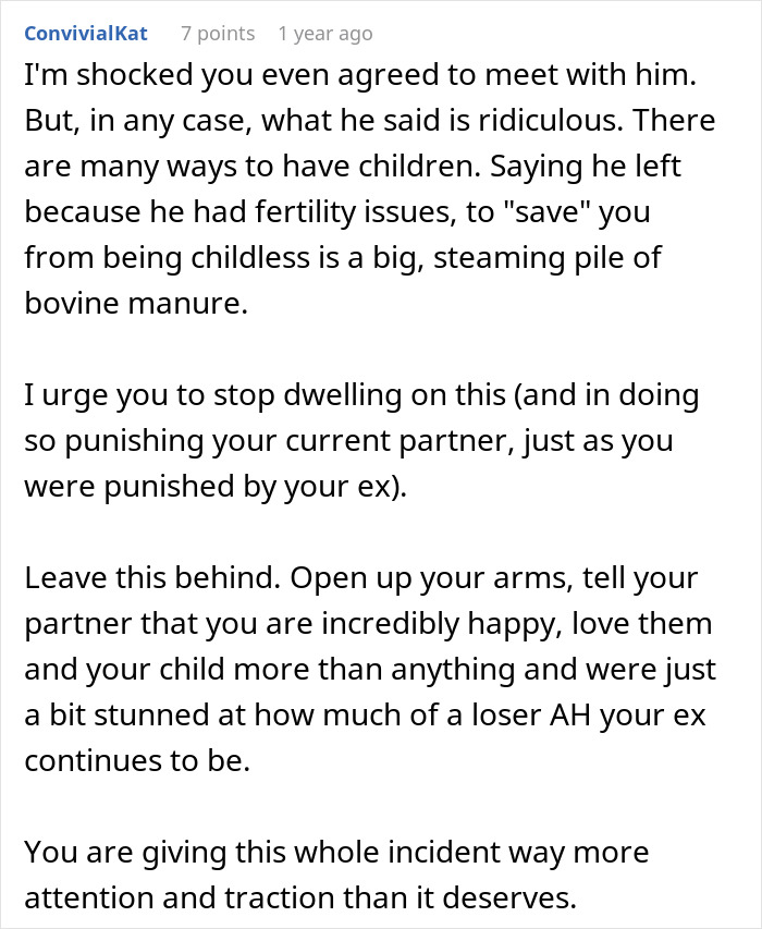 Comments on fertility issues and moving on from failed relationship