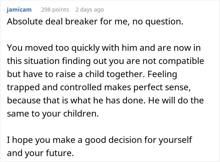 Comment calling situation a deal breaker and feeling trapped in incompatible relationship with traditional values
