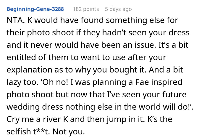 Comment criticizing entitlement over a dream wedding dress Comment criticizing entitlement over a dream wedding dress