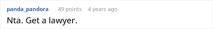 A Reddit comment from user panda_pandora with 49 points, 4 years ago, advising Nta. Get a lawyer to the irresponsible sister-in-law.