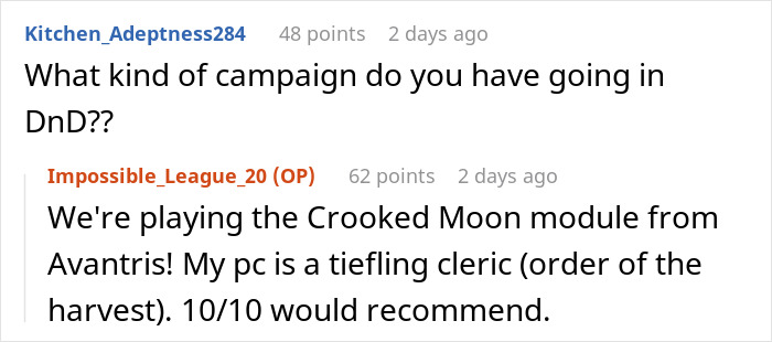 Screenshot of a discussion about a DnD campaign and character details Screenshot of a discussion about a DnD campaign and character details