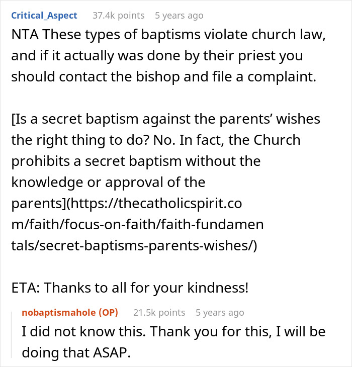 Screenshot of a forum post discussing MIL secret baptisms and church law, impacting a couple and their child.