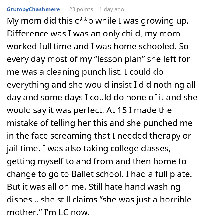 Comment sharing personal story about mom's harsh cleaning criticism Comment sharing personal story about mom's harsh cleaning criticism