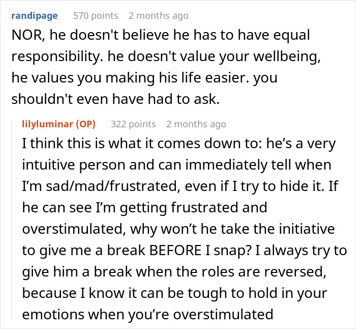 Comment on lack of equal responsibility from husband and wife's frustration Comment on lack of equal responsibility from husband and wife's frustration
