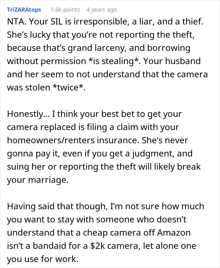 A Reddit post about a woman threatening to sue her irresponsible sister-in-law over stolen items and a husband's suggested fix.
