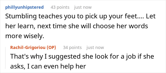 A screenshot of a Reddit comment thread. One user advises letting the 20YO learn from the experience, leading to her dad taking away her funds.