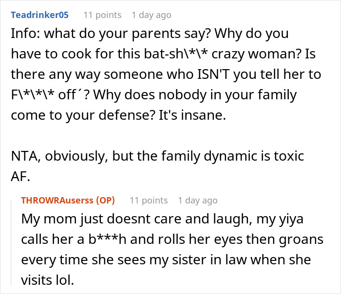 Family drama over cooking and toxic family dynamics around sister-in-law