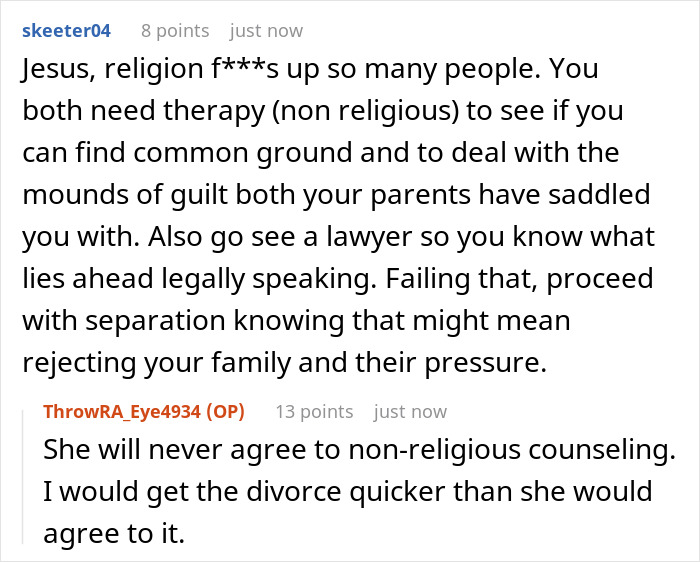 Advice urging non-religious therapy and legal consultation for early forced marriage issues