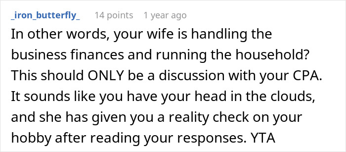 A screenshot of a Reddit comment giving a reality check, calling a man a failure for dismissing his wife's efforts.