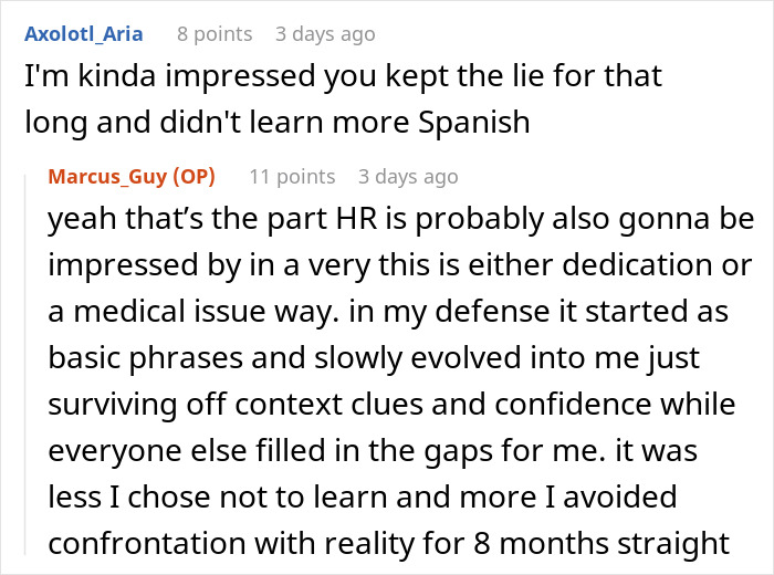Comment about keeping up a Spanish language lie for a long time Comment about keeping up a Spanish language lie for a long time