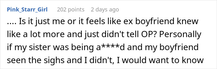 A Reddit comment from Pink_Starr_Girl discussing an affair, wondering if an ex-boyfriend knew more, triggering breakups.