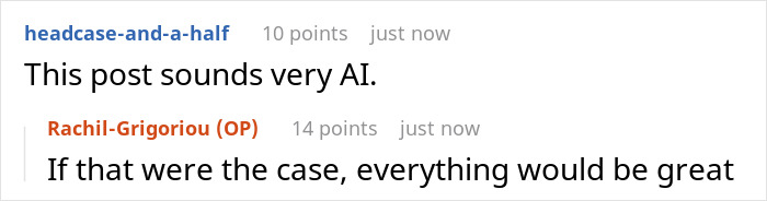 A Reddit thread showing comments, where one user says a post sounds AI, and the original poster responds, relating to the dad family driver story.