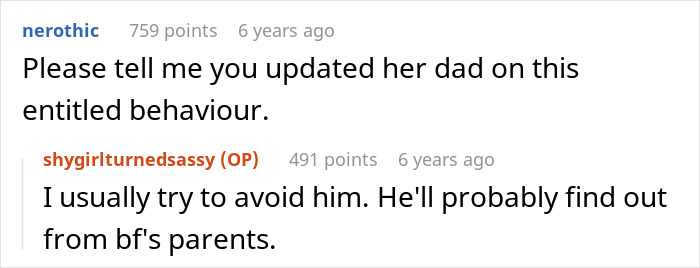 Online comments discussing boyfriend's cousin's entitled behaviour Online comments discussing boyfriend's cousin's entitled behaviour