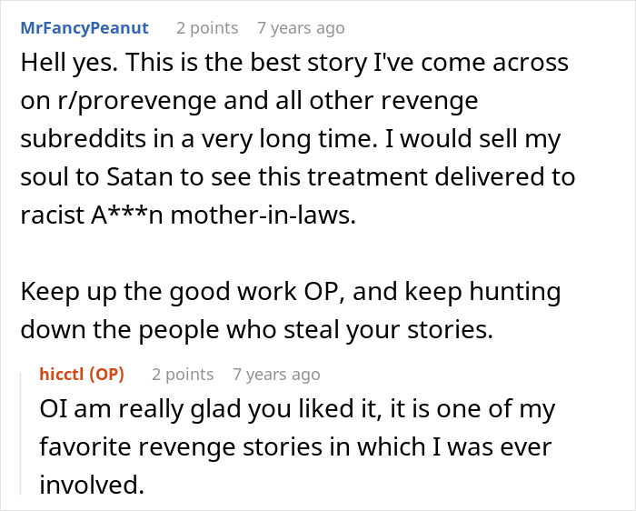 User praising revenge story on racist mother-in-law on Reddit User praising revenge story on racist mother-in-law on Reddit