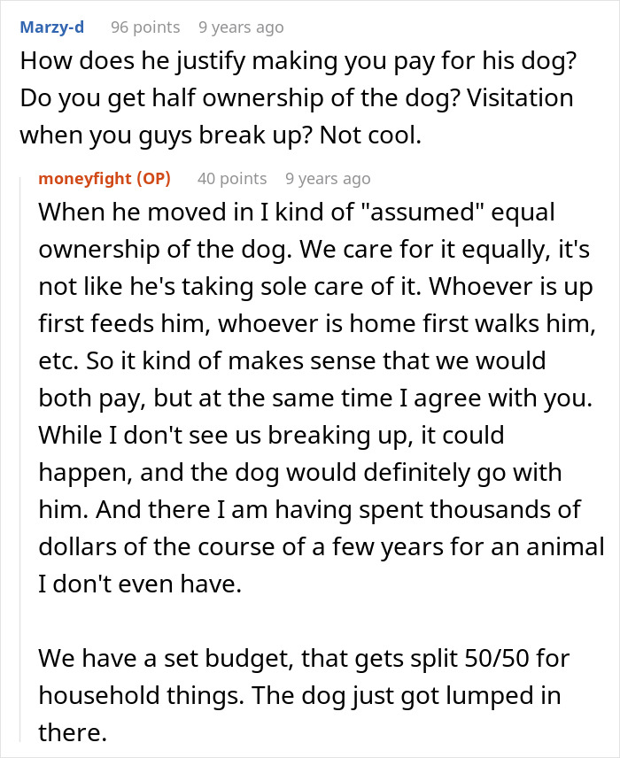 Discussion about 50 50 split and dog ownership costs in relationship with wealthy boyfriend Discussion about 50 50 split and dog ownership costs in relationship with wealthy boyfriend