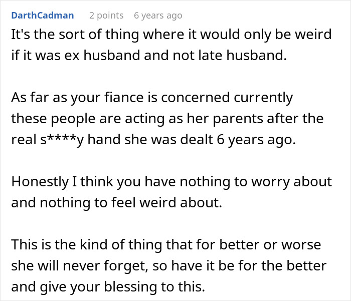 Comment advising to bless fianc&eacute;e's choice to include late husband's parents