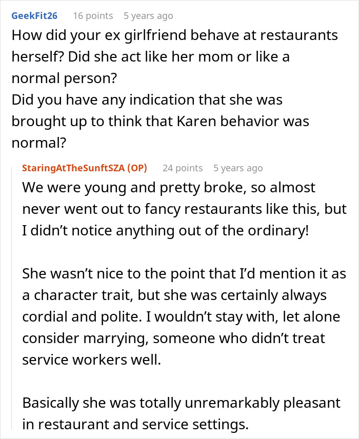 User asks about ex-girlfriend's behavior during restaurant dinner fiasco User asks about ex-girlfriend's behavior during restaurant dinner fiasco