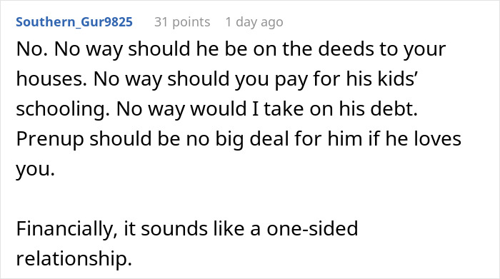 Comment advising against sharing deeds and debt with fianc&eacute; with 2 kids